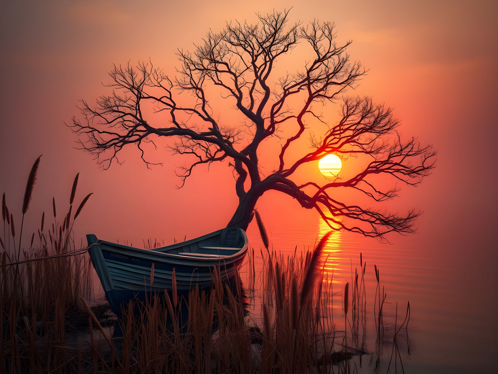 Fishing Boat at Sunset on Lagoon in HDR