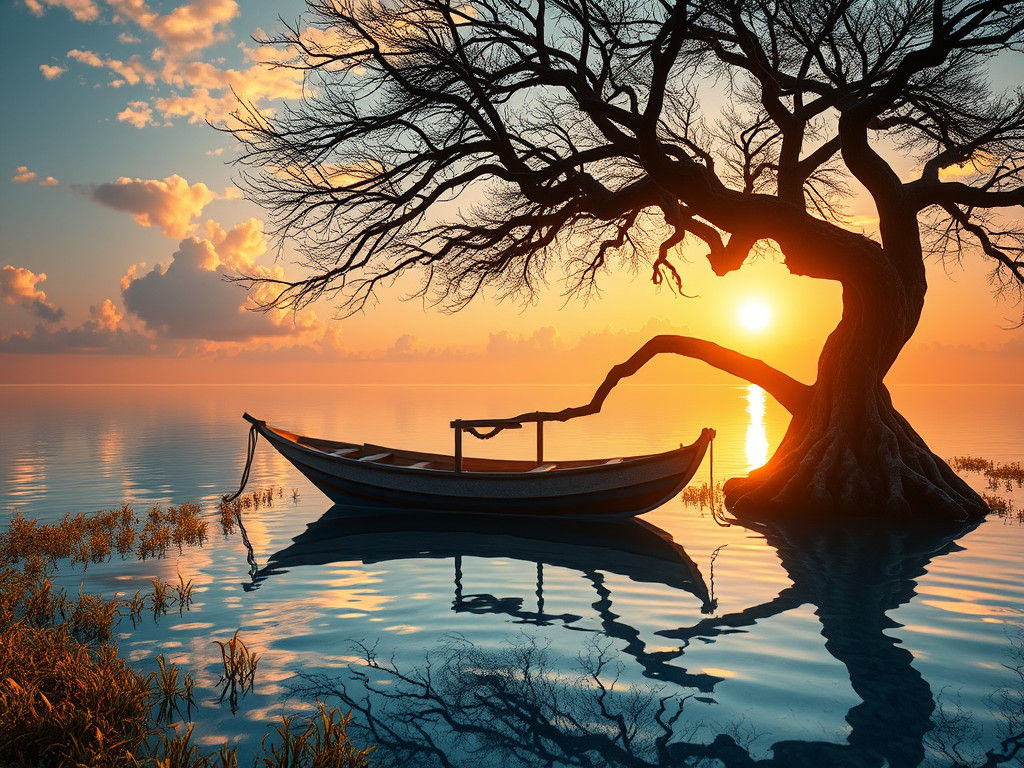 Fishing Boat at Sunset in Dreamlike Lagoon