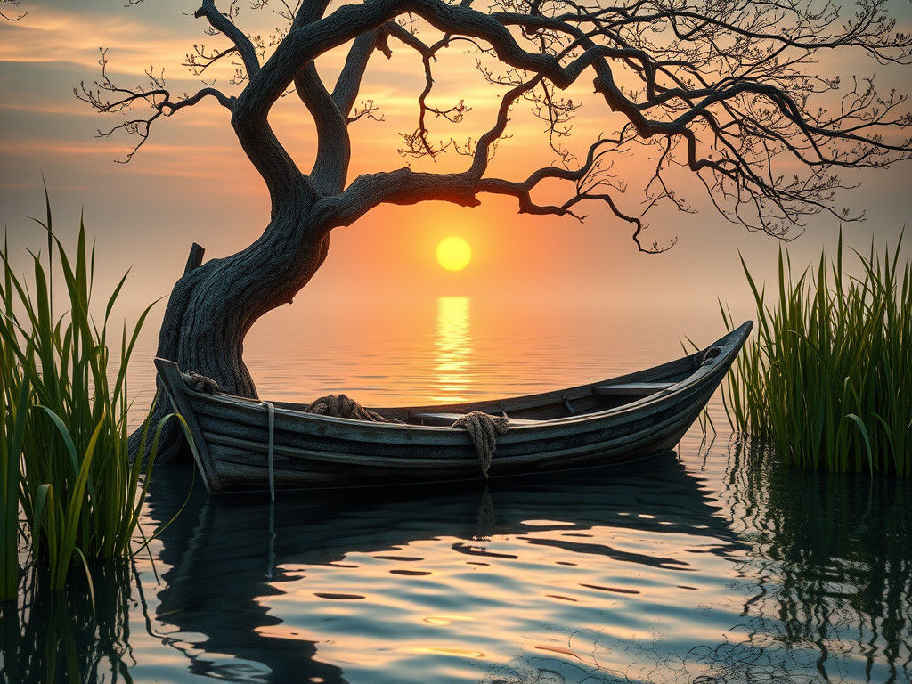 Weathered Fishing Boat at Sunset, Hyper-Realistic Concept Ar...