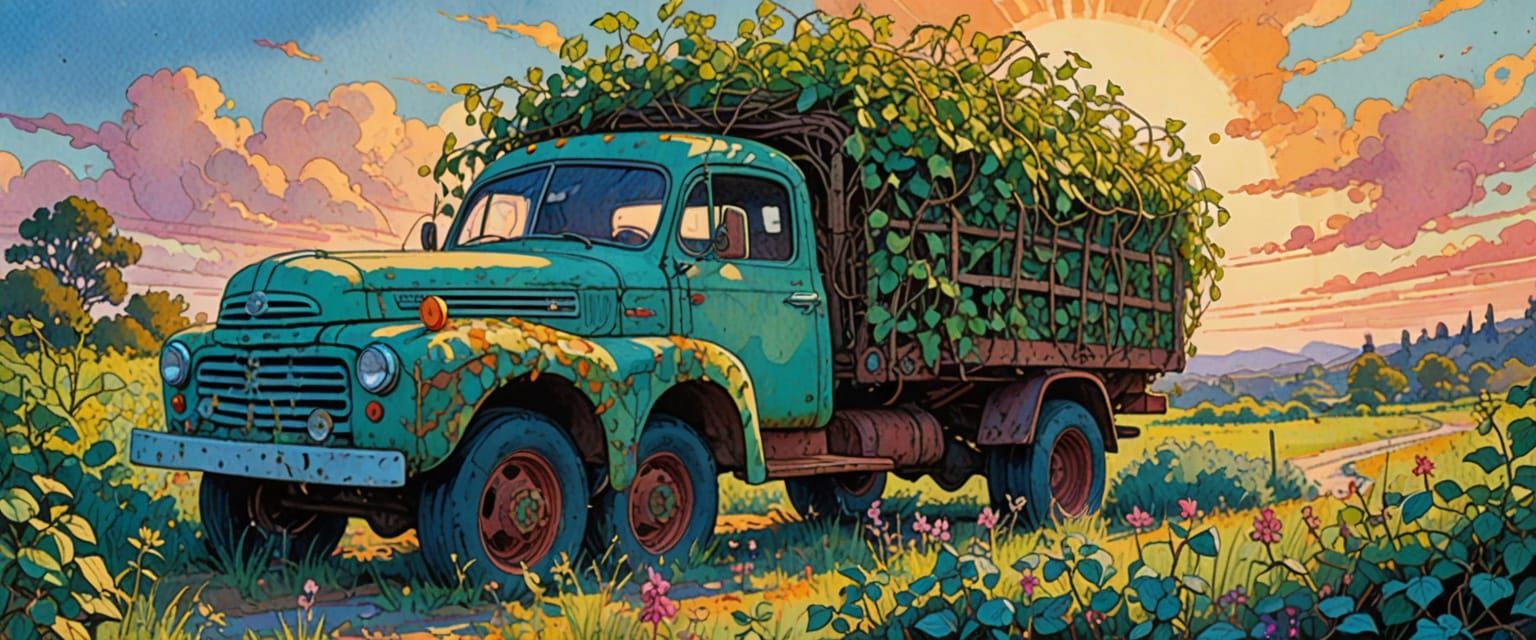 Rusty Truck Overgrown with Plants in Bright Sunlight