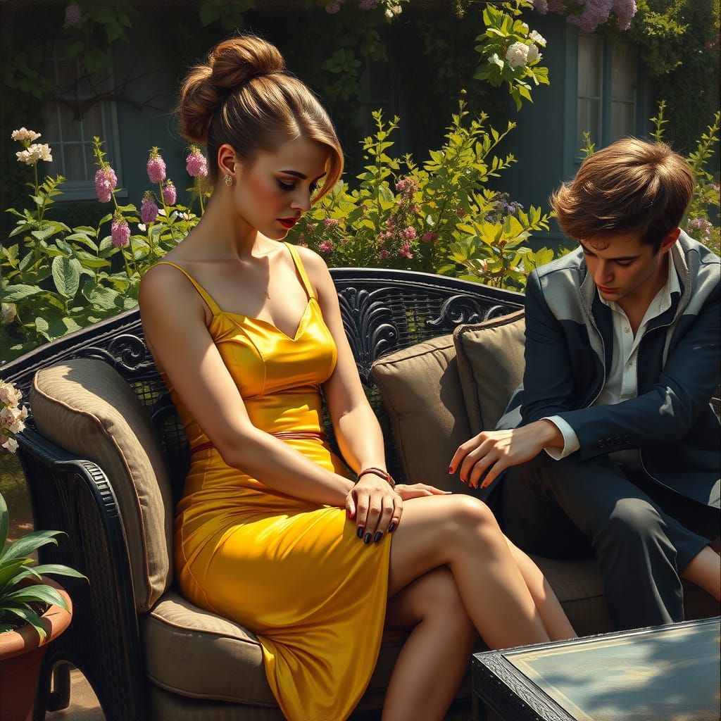Woman in Yellow Silk Skirt on Garden Sofa