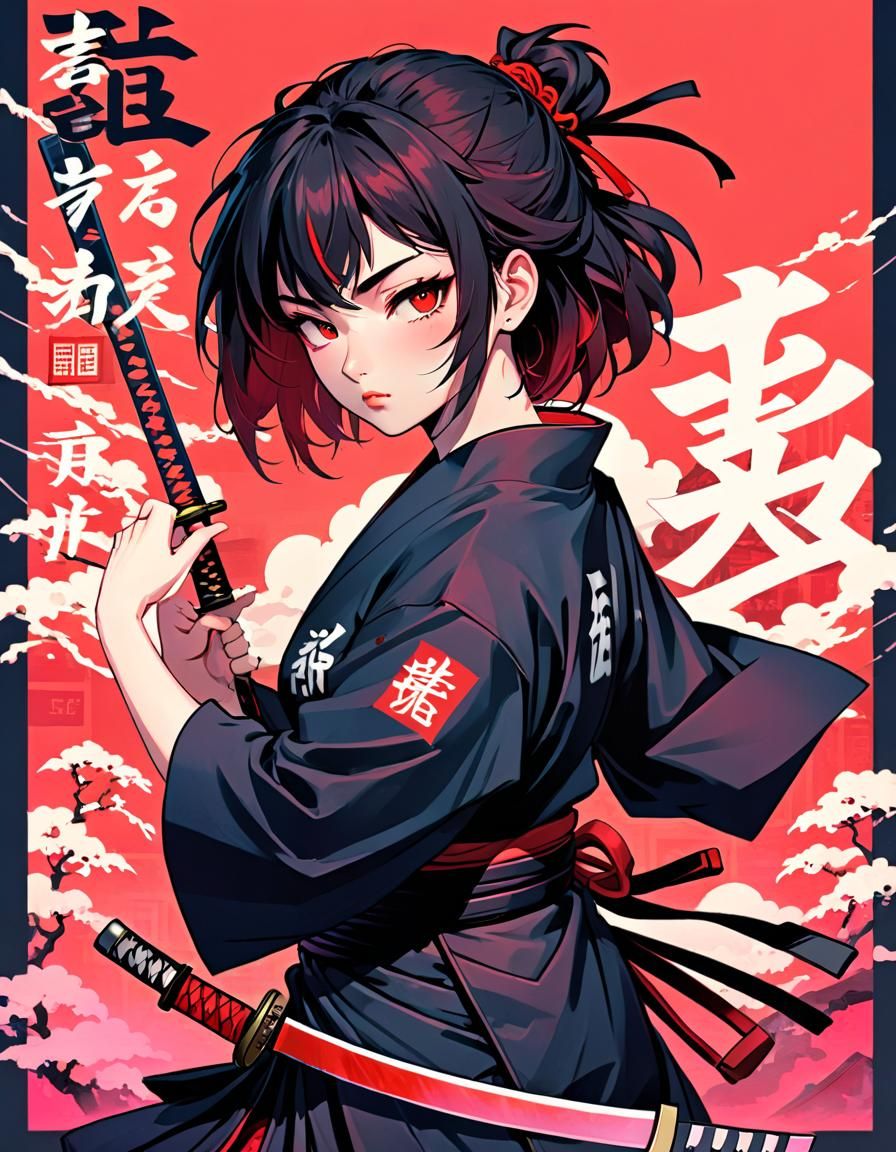 Female Samurai in Ukiyo-e Style with Katana