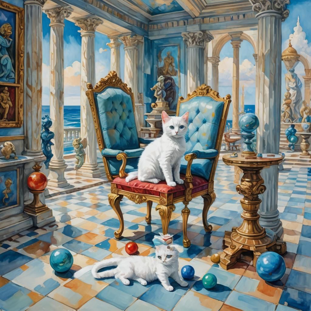 Surreal Chessboard World with Alien, Gouache Style