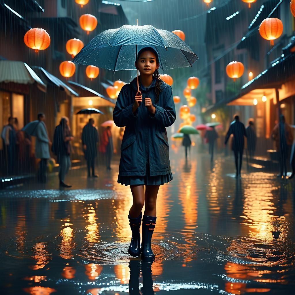 Girl Dances in Rainy Street: Cinematic Digital Painting