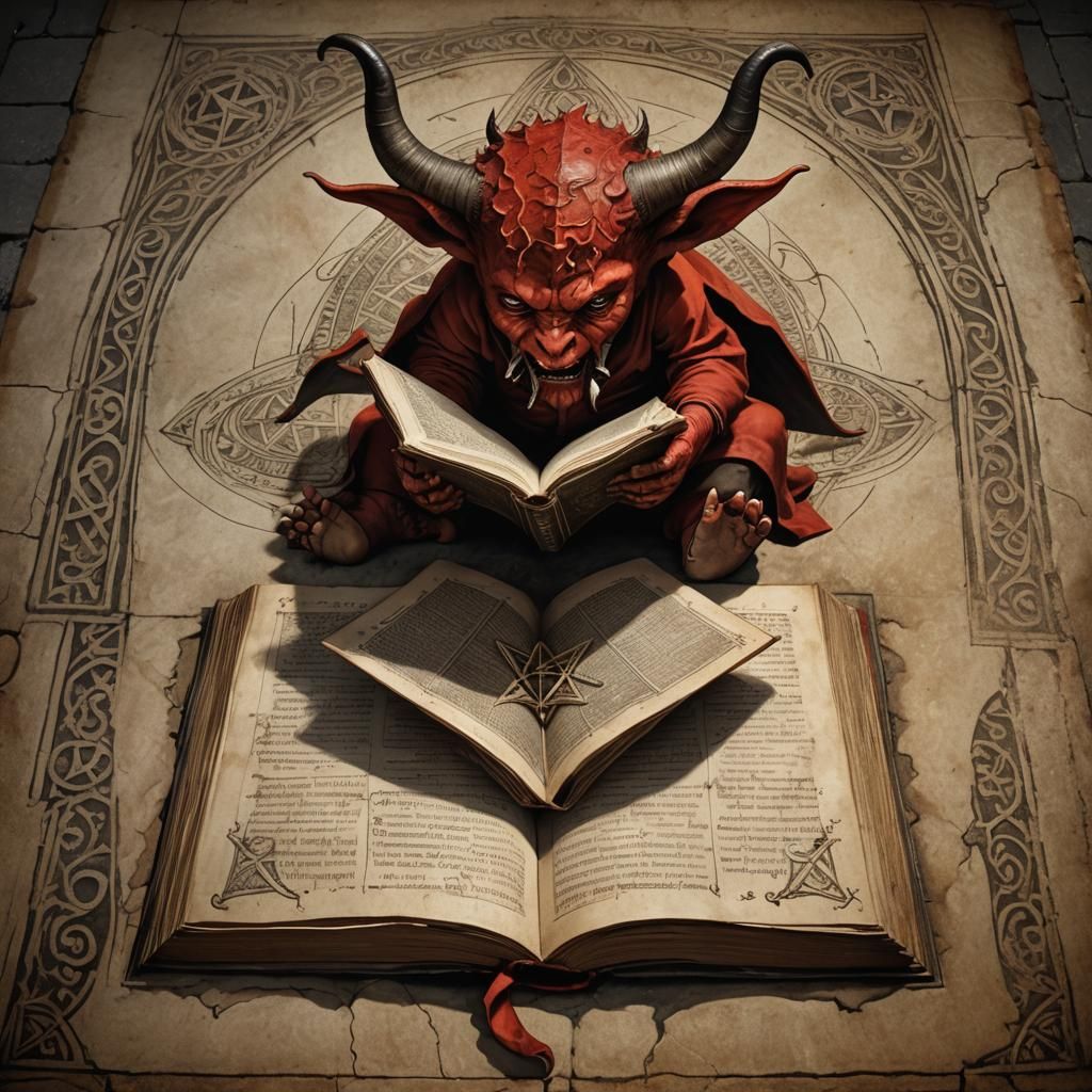Red Horned Demon Infant Reads Ancient Book