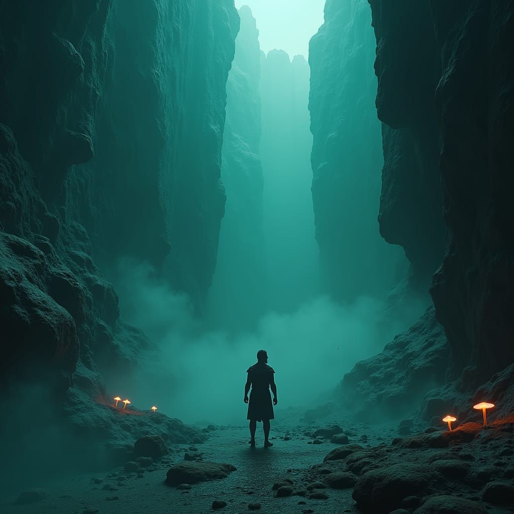 Gladiator Lost in Teal Crevasse: Surreal Art