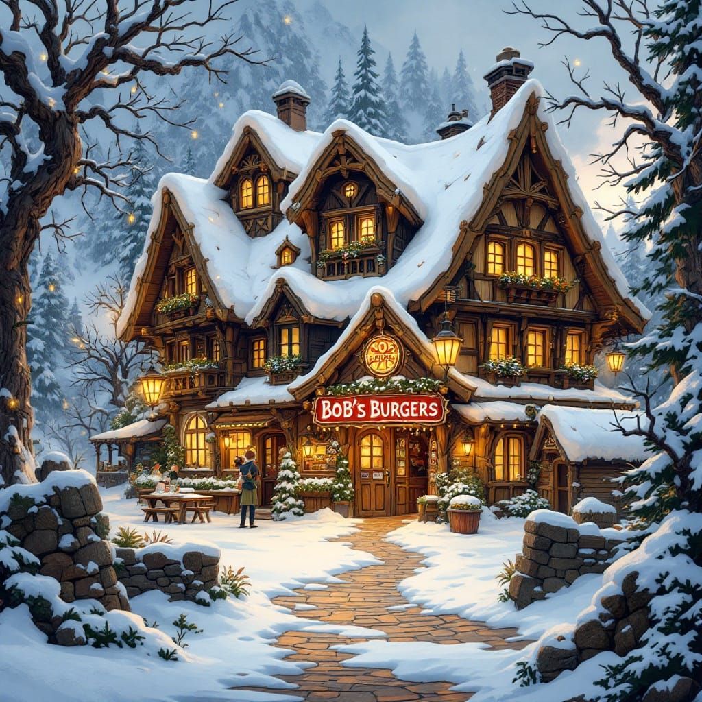 Whimsical Mountain Burger Tavern in Folk Art Style