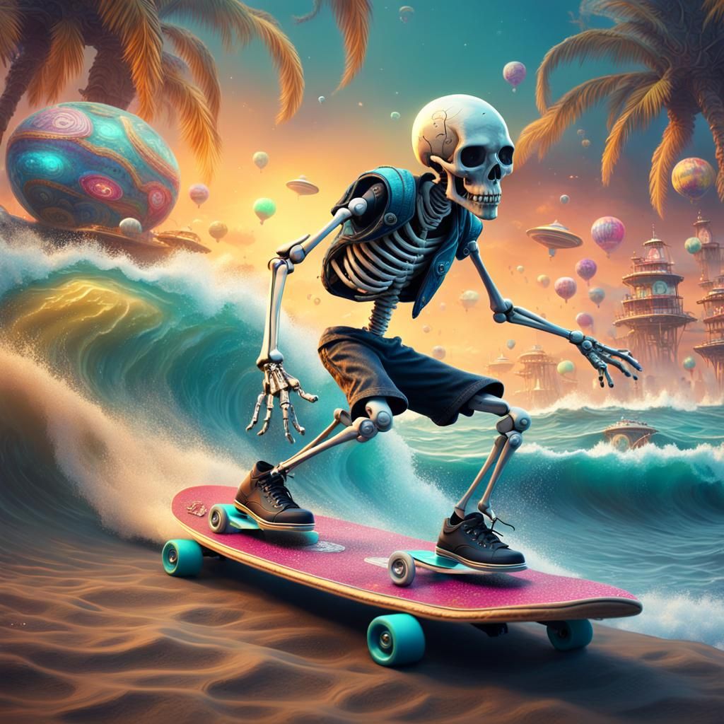 Punk Rock Skeleton Surfing Wave Art