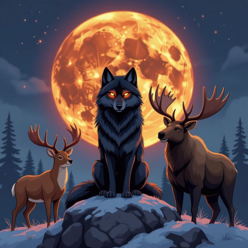 Black Wolf Dominance Under Blood Moon: Anime Style