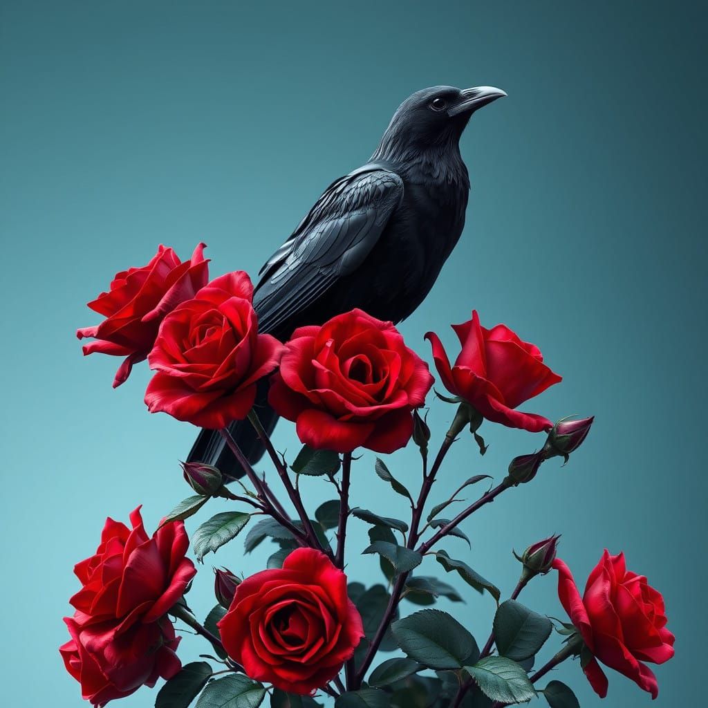 Majestic Raven Amidst Crimson Roses in a Mystical Realm