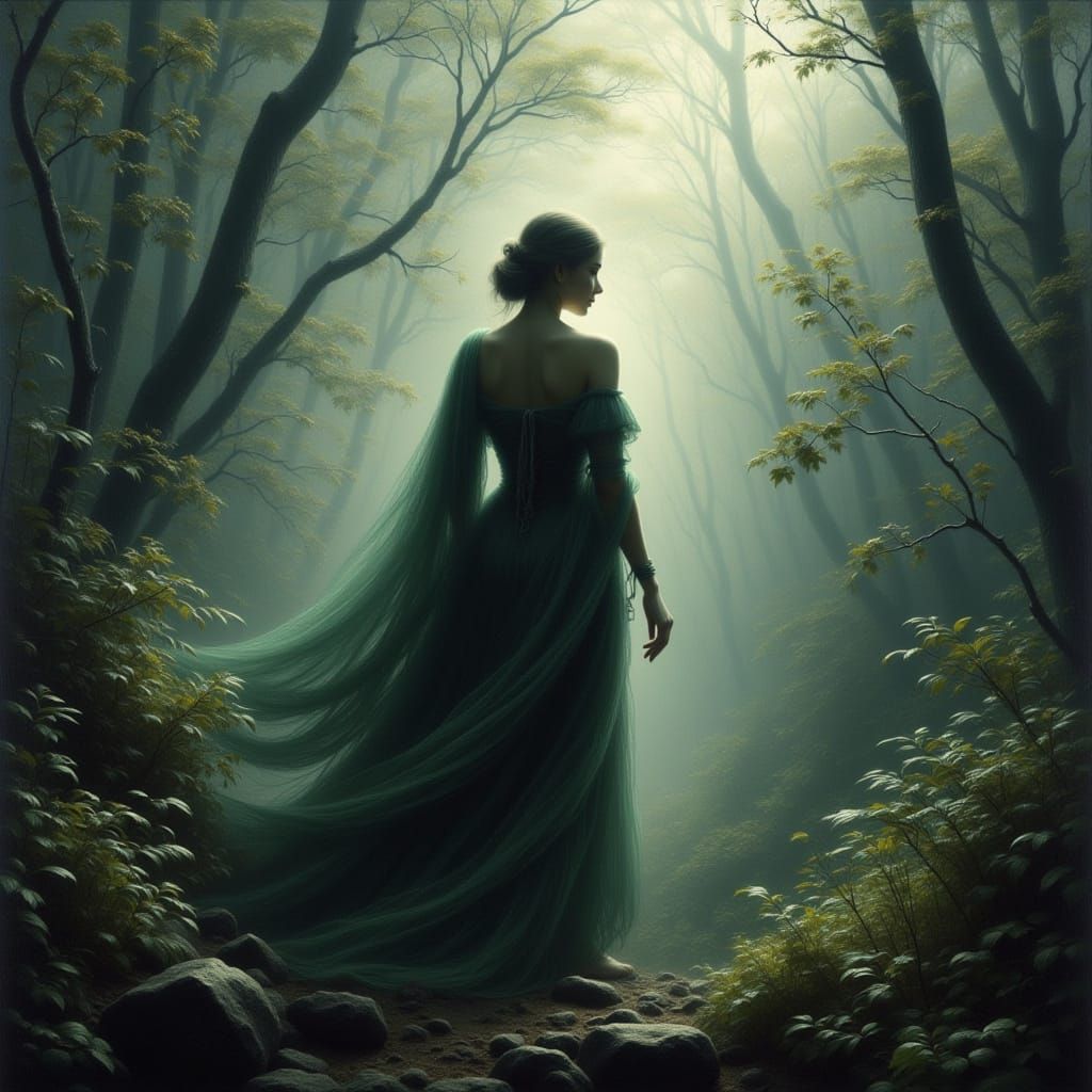 Mysterious Avalon Woman in Foggy Landscape