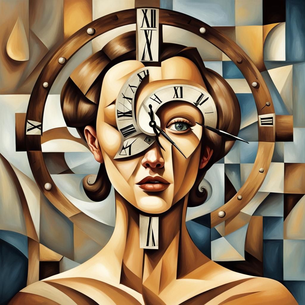 degenerate beauty woman face with a deformed clock around cubism kitsch Dali style