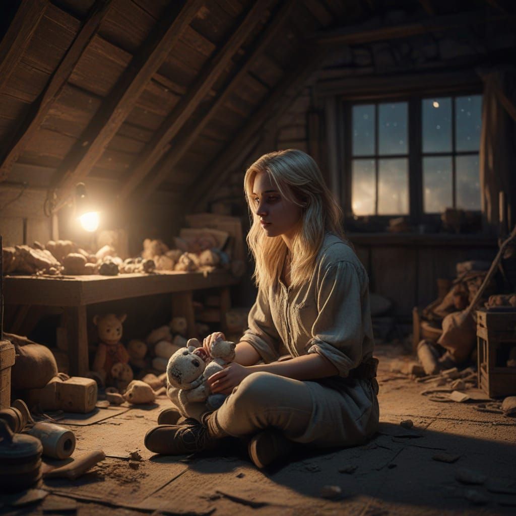 Ethereal Blonde Woman in Dusty Attic at Night