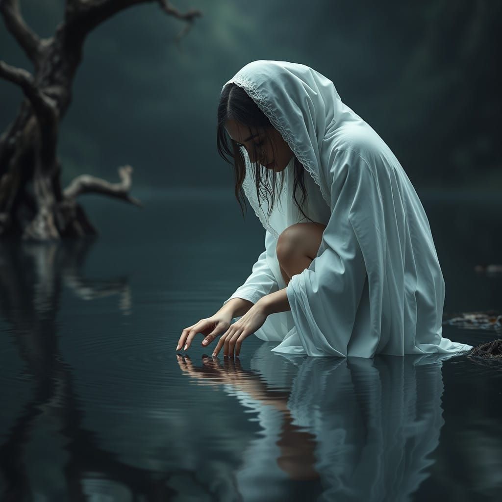 Ethereal Woman Contemplates by Serene Lake