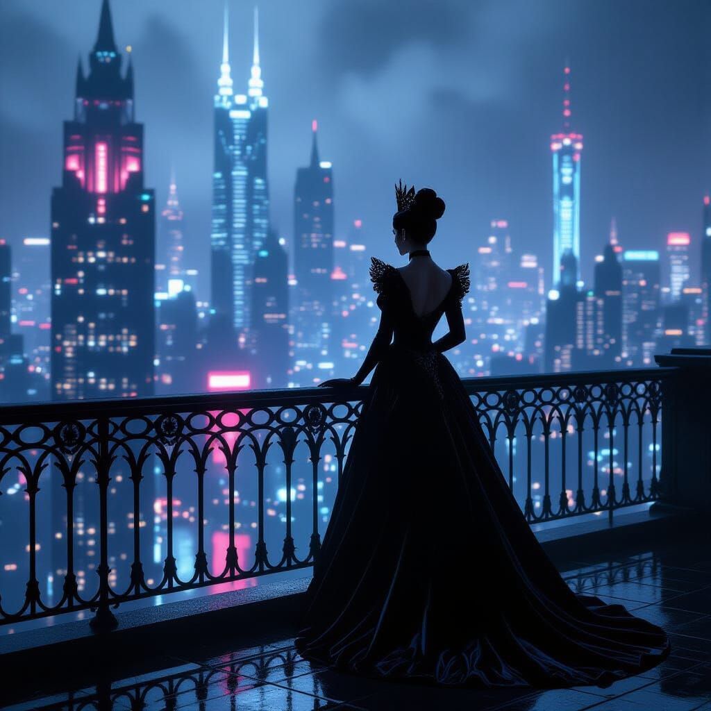 Lone Queen in Cyberpunk City Overlook