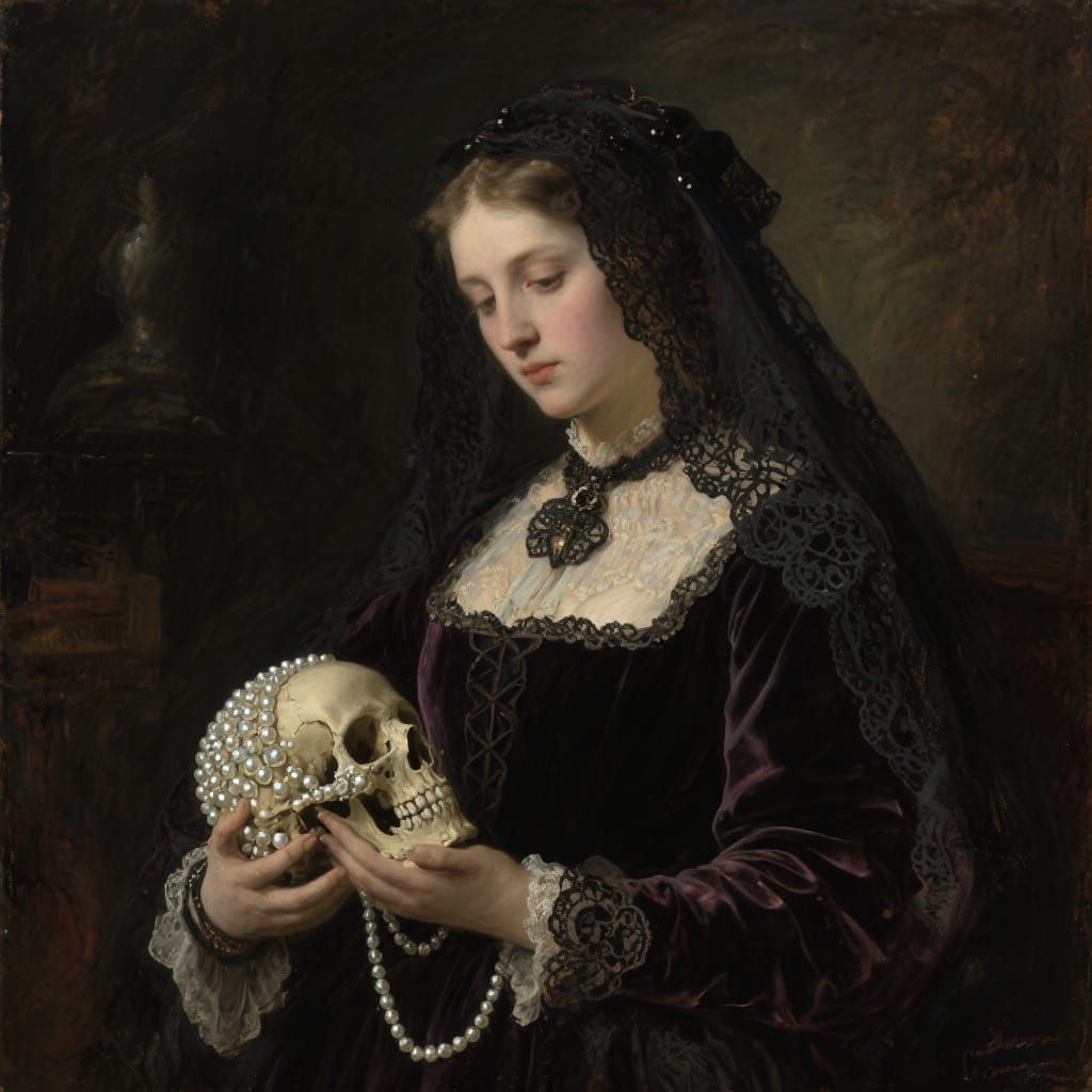 Gothic Woman with Pearl Skull: A Romantic Painting