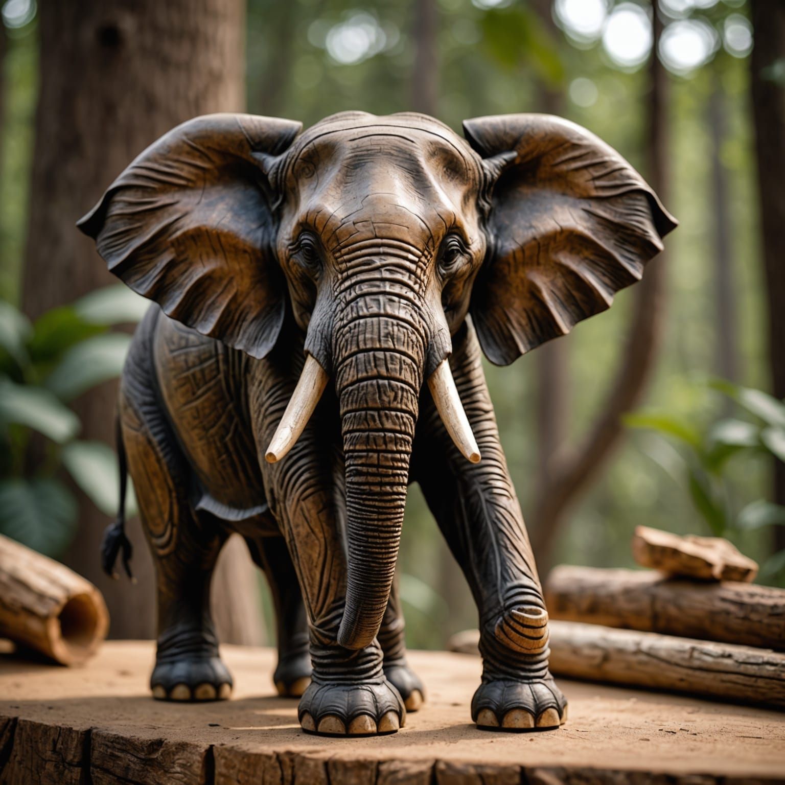 Hyperrealistic Wood Carving of an Elephant