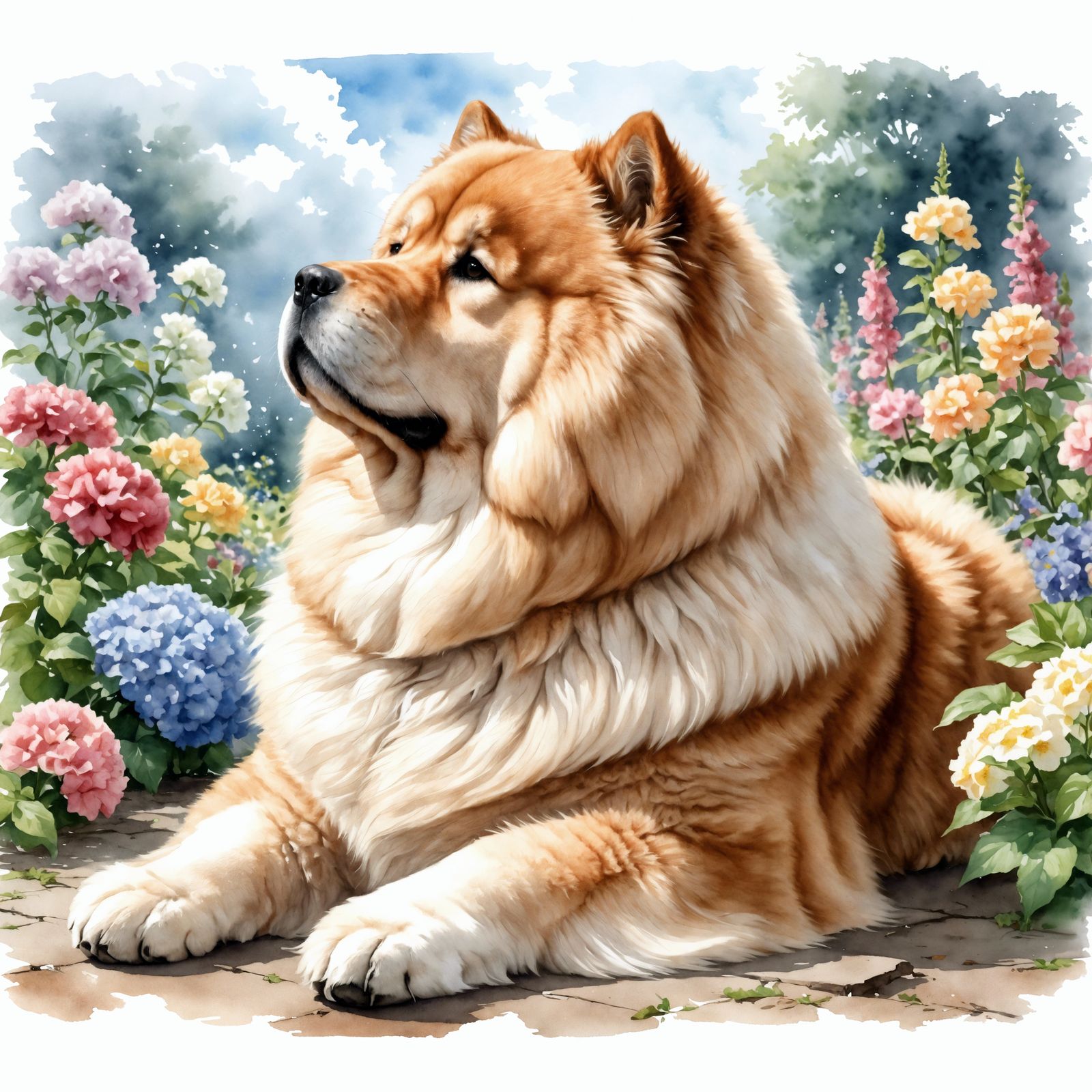 Charming Chowchow Relaxing in a Flower Garden