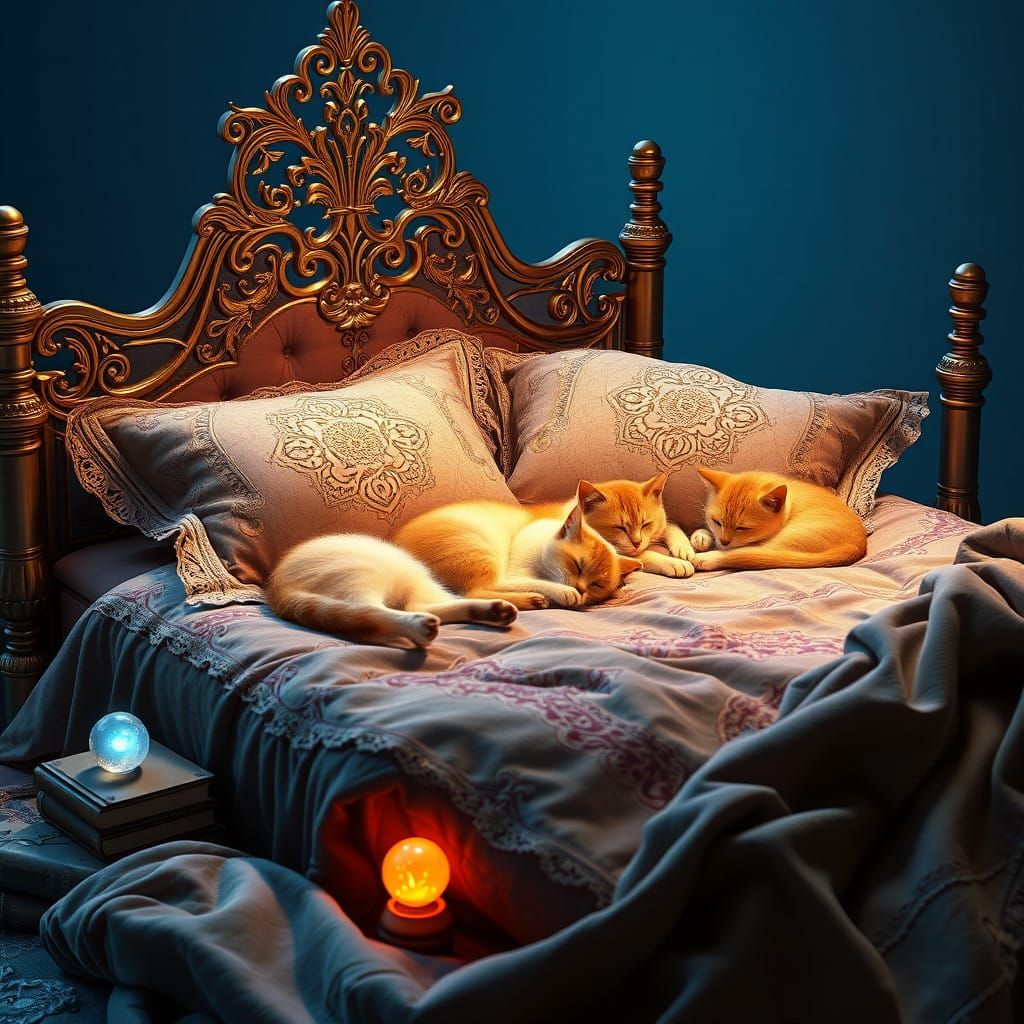 Luxurious Futuristic Bed Scene with Cats