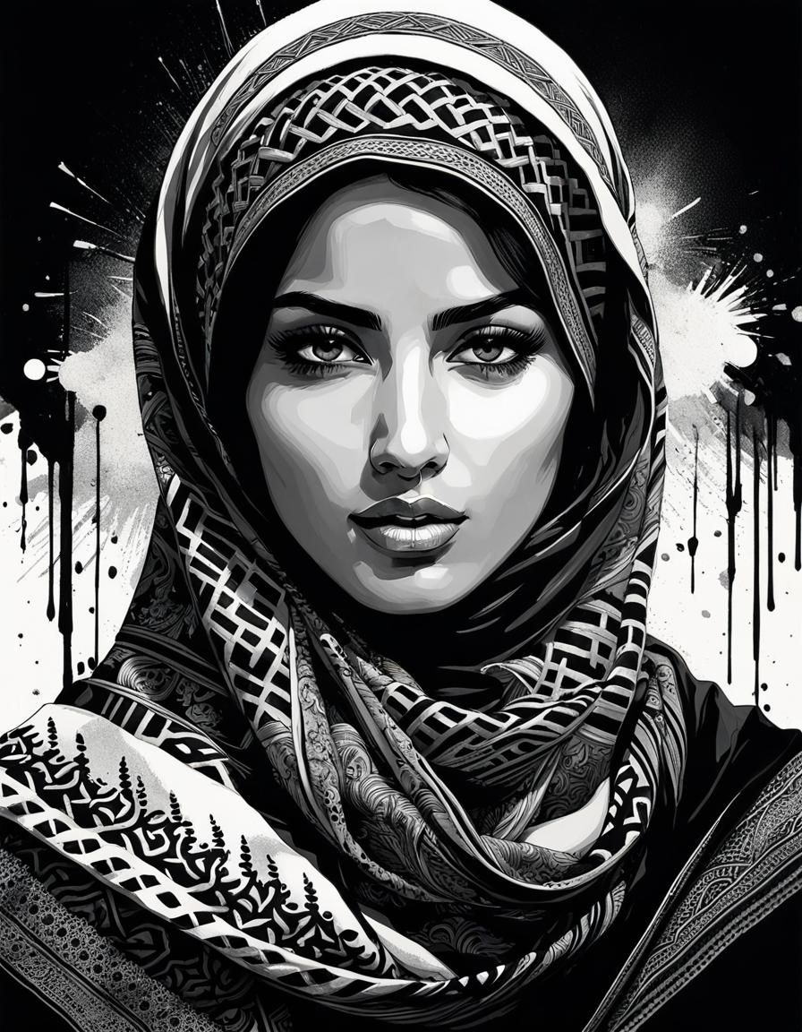 Palestinian Woman Portrait in Black and White Ink Drawing