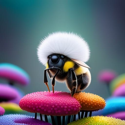 Detailed Bee on Rainbow Mushroom, Hyperrealistic Splash Art