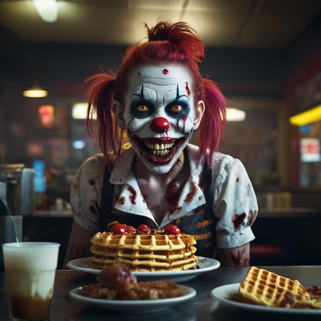 Zombie Monkey Clown Waitress in Dim Diner