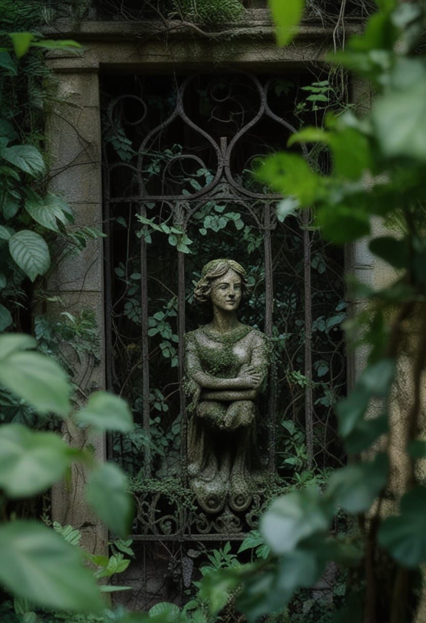 Marble Garden Sculpture of Woman with Vines, Watercolor Styl...