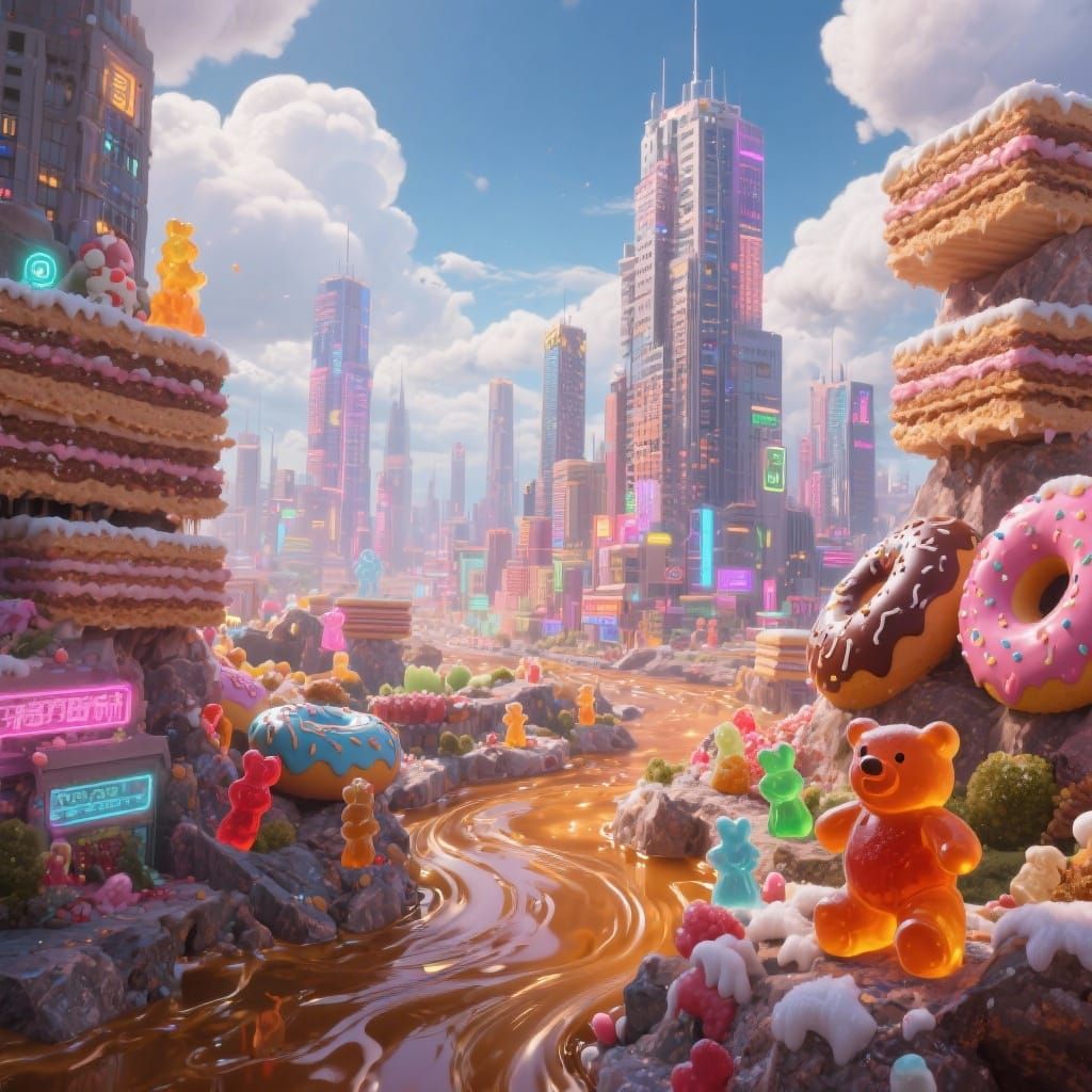 Candy Metropolis with Caramel Rivers and Neon Lights