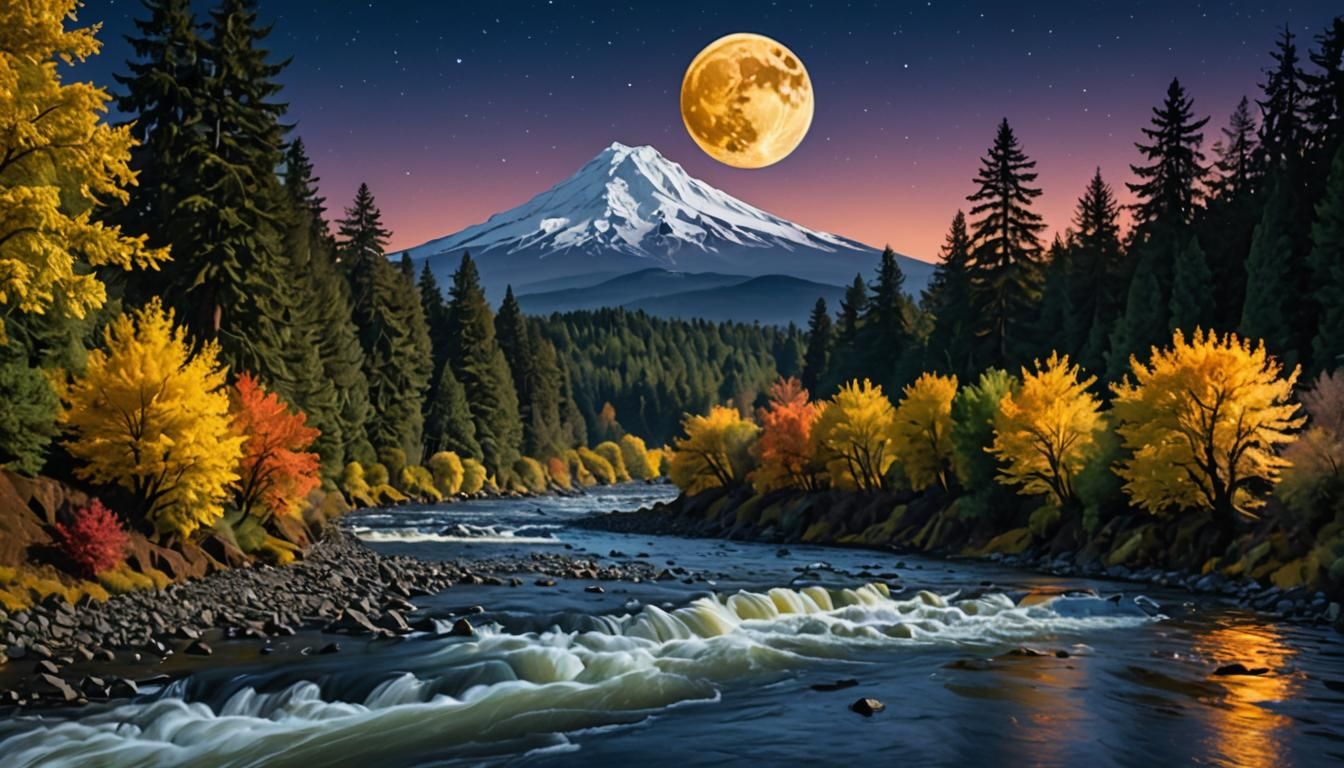 Moonlit Santiam River: Art Deco Scene in Oregon