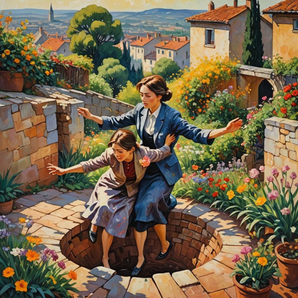 Woman Helping Man: Neo-Impressionistic Impasto Painting