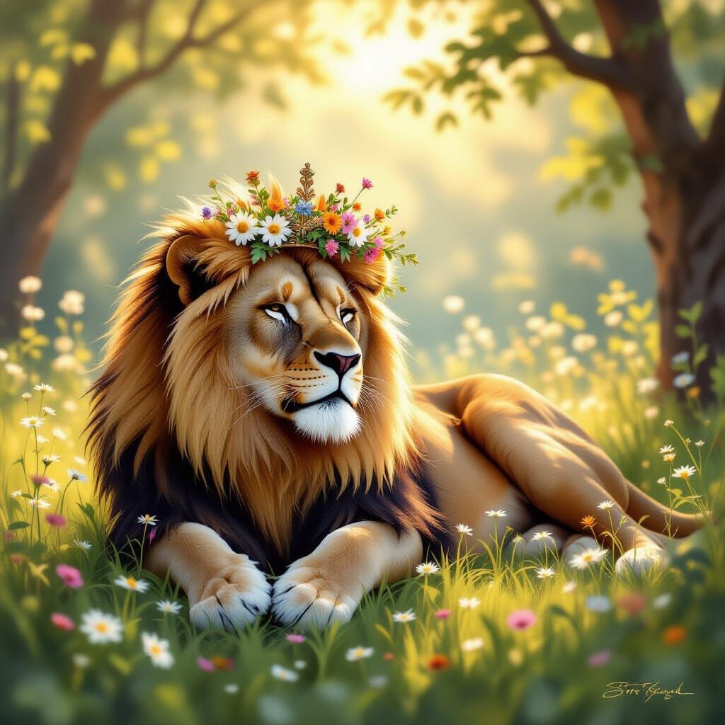 Majestic Lion with Wildflower Crown in Sun-Dappled Glade