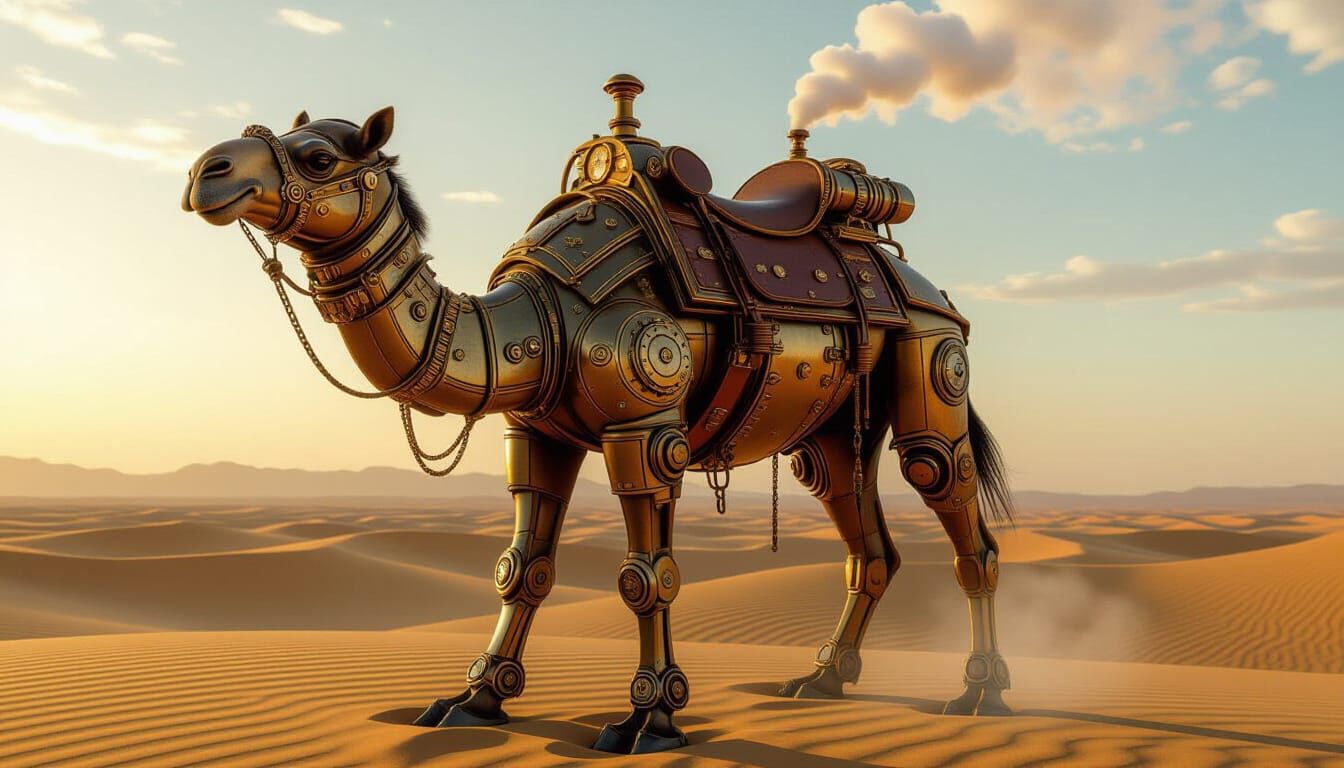 Steampunk Dromedary in Desert Sunset