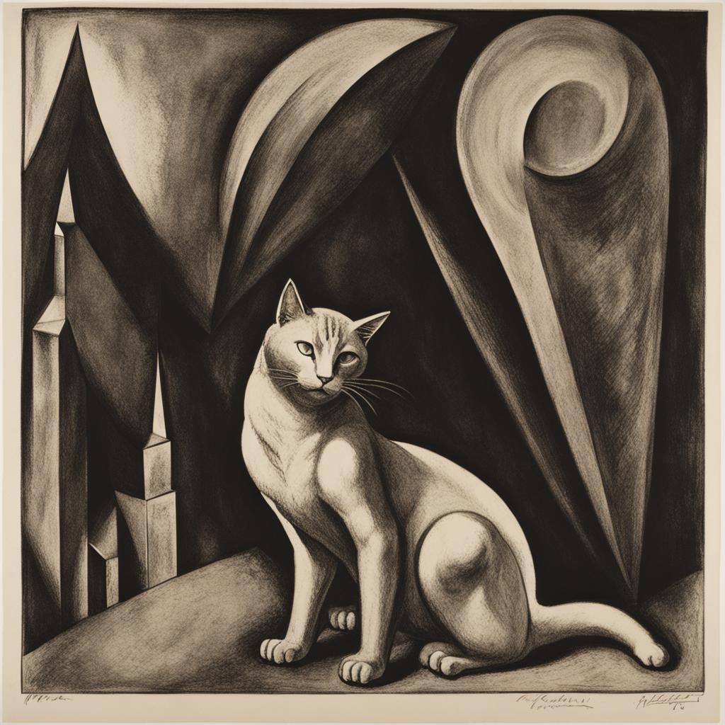 Iridium Cat Sculpture in Woodcut and Stained Glass Style