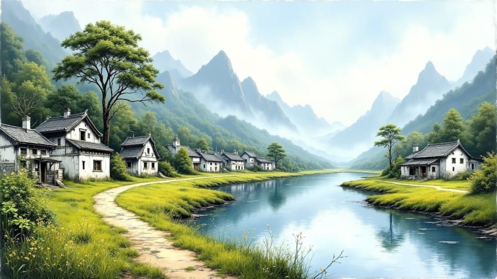 Peaceful Chinese Village in Traditional Ink Painting Style
