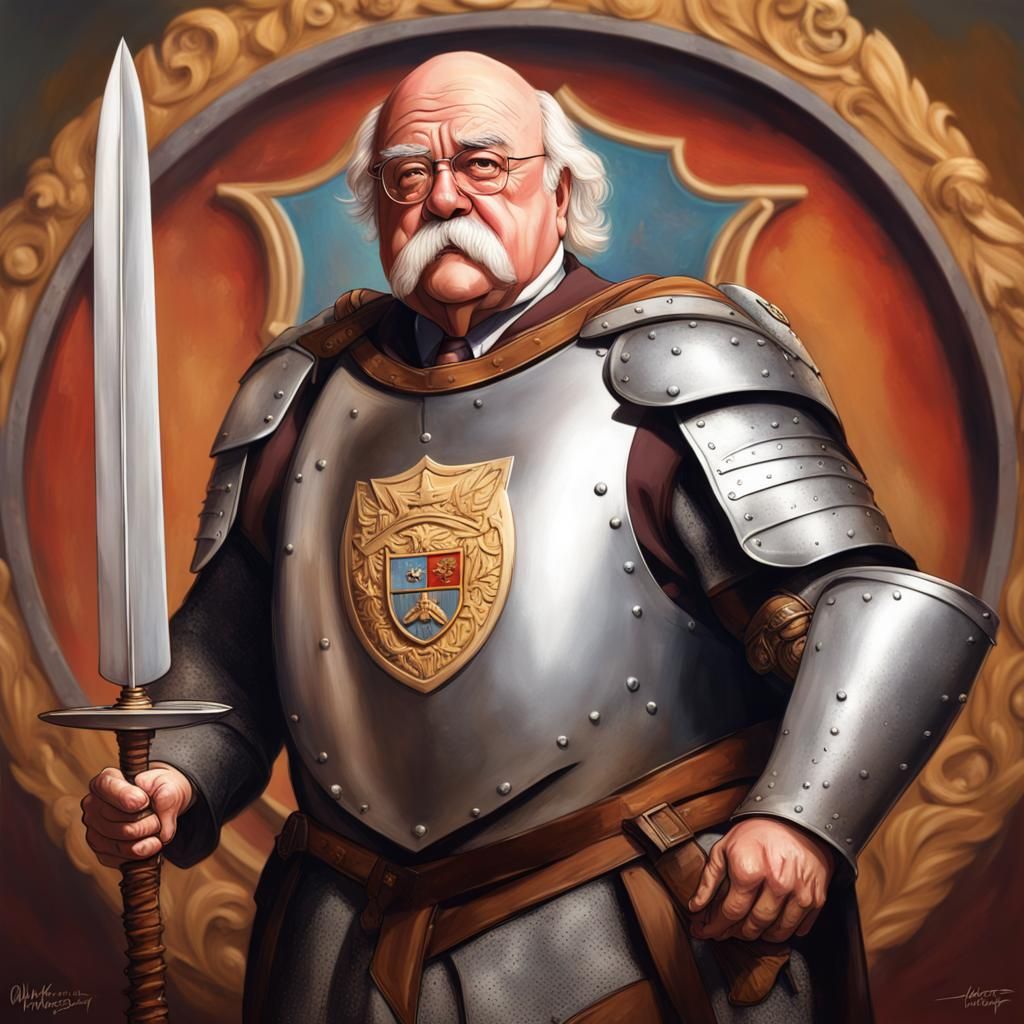Wilford Brimley as Armored Knight with Quaker Oats Shield
