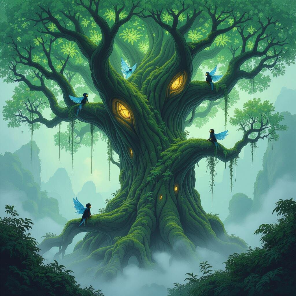 Bioluminescent Ancient Tree with Ethereal Creatures