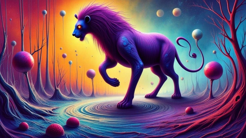 Wild Lion in Lilac Lawyer Suit Dances in Psychedelic Ink