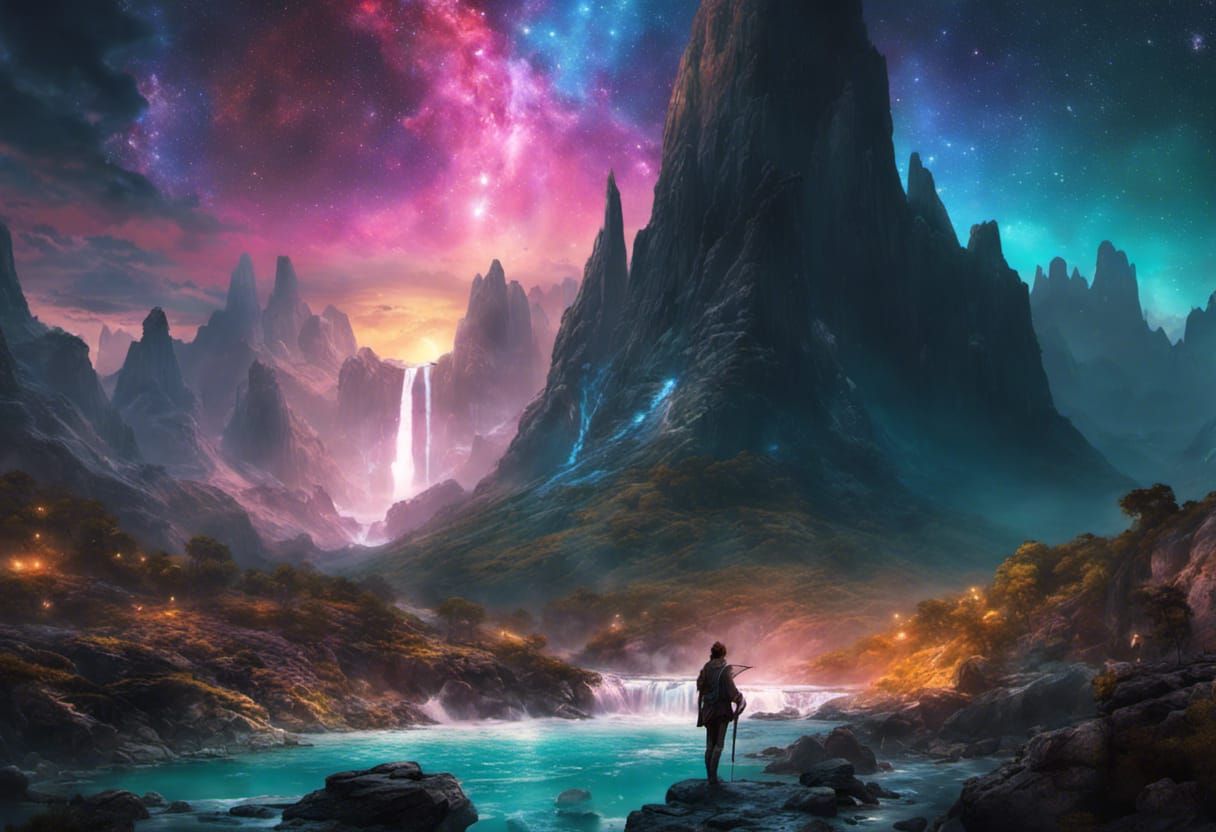 Magical Realm Under Cosmic Sky: Digital Art