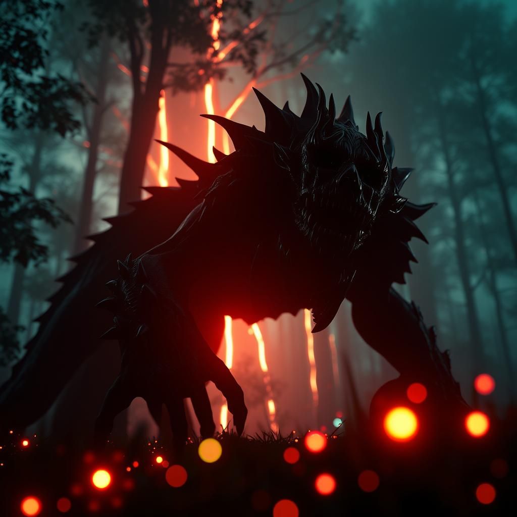 Menacing Creature Silhouette with Neon Lights, 3D Render