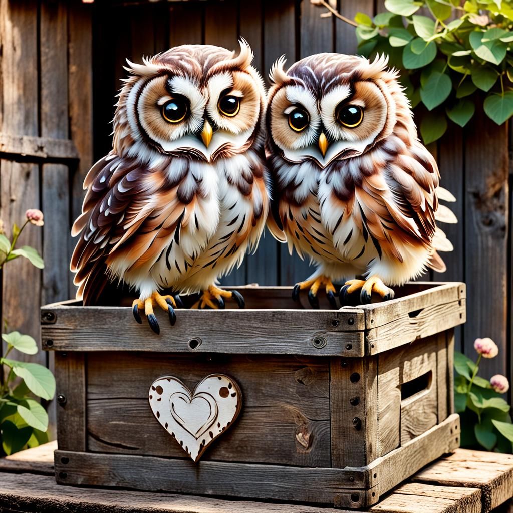 Two Cute Baby Owls in Rustic Farm Garden