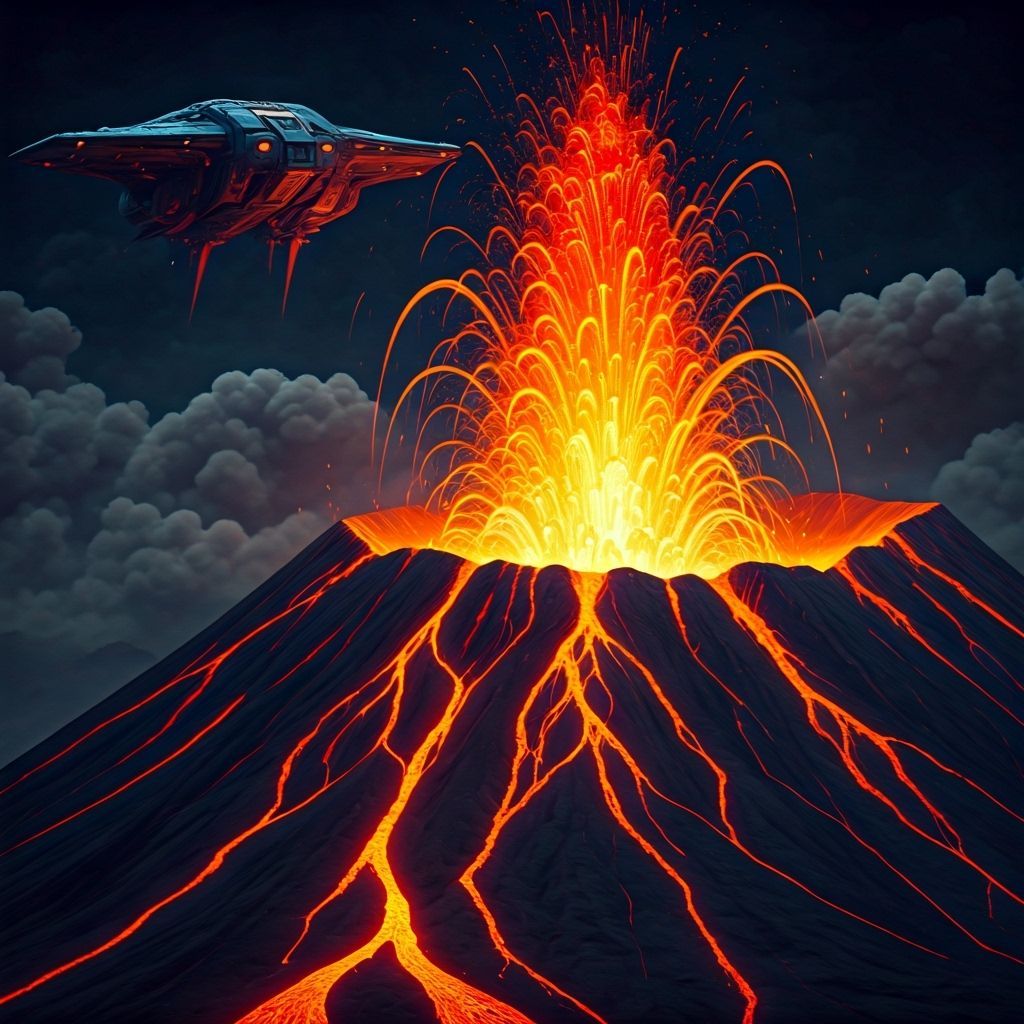 Dramatic Volcano Eruption with Hovering Spacecraft