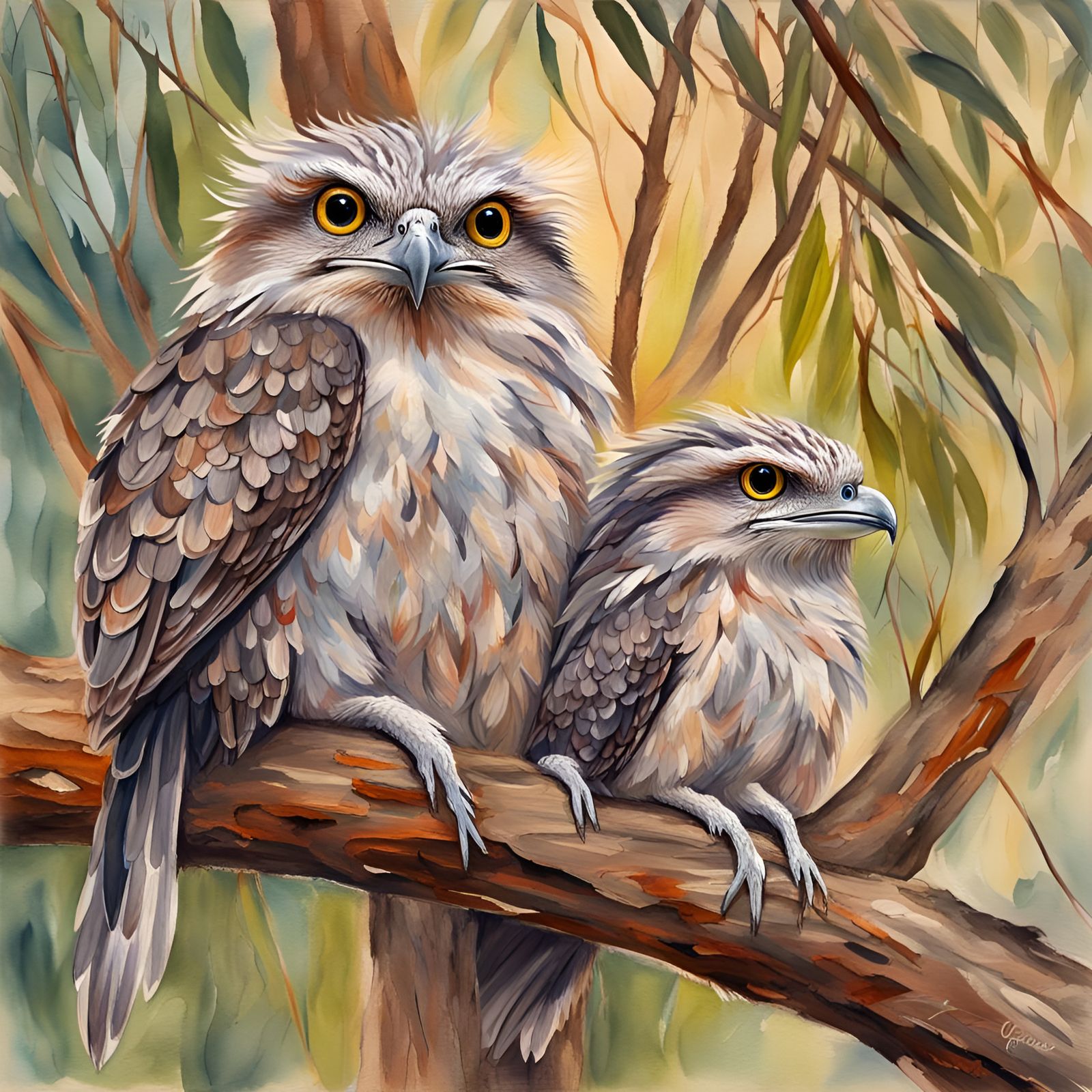 Tawny Frogmouth Family: Gouache Impressionist Masterpiece