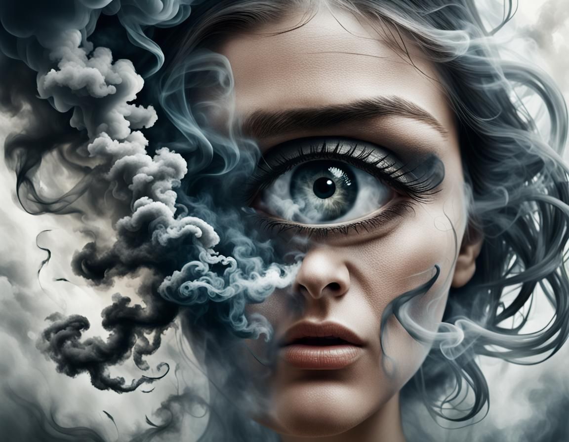 Surreal Smoke Eye Illustration Behind Frightened Woman
