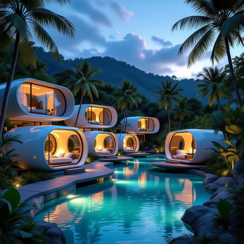 Futuristic Caribbean Hotel Pods Amidst Lush Tropical Scenery