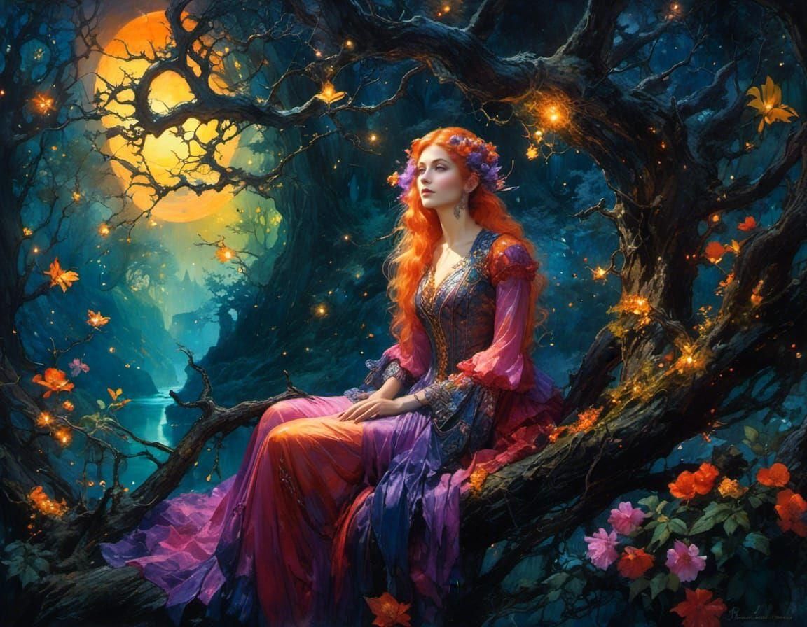 Enchanting Elven Woman in Bioluminescent Forest: Watercolor ...