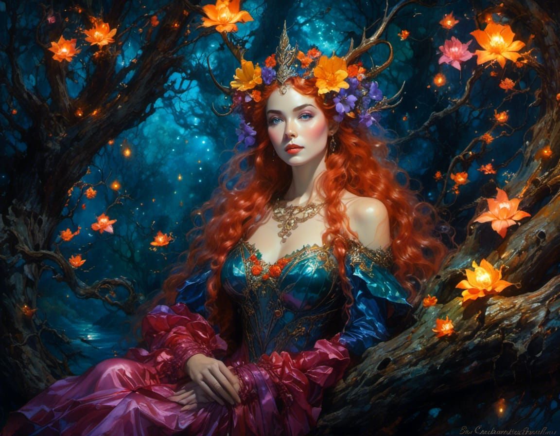 Elven Woman in Bioluminescent Forest, Watercolor Art