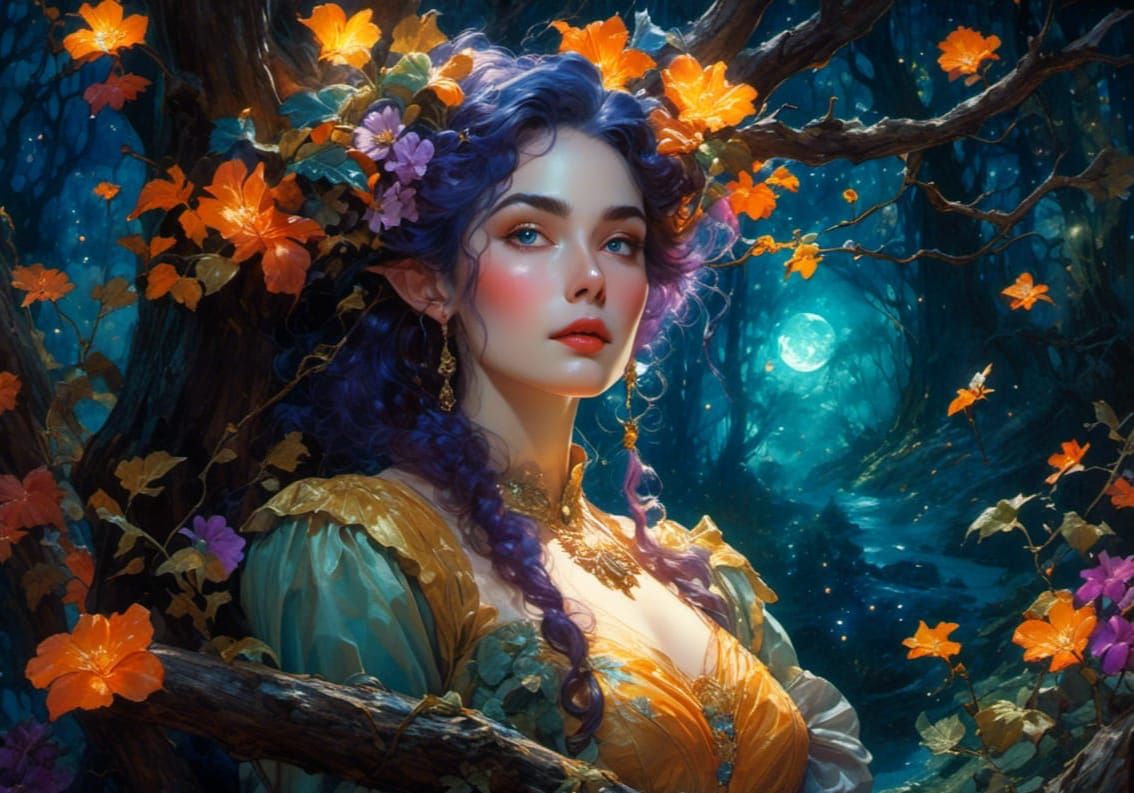 Elven Woman in Bioluminescent Forest: Watercolor Art