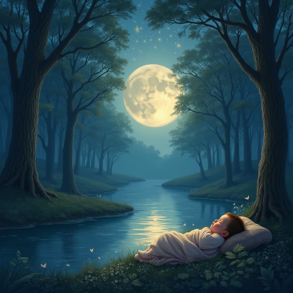 Dreamy Moonlit Forest with Gentle River and Sleeping Baby