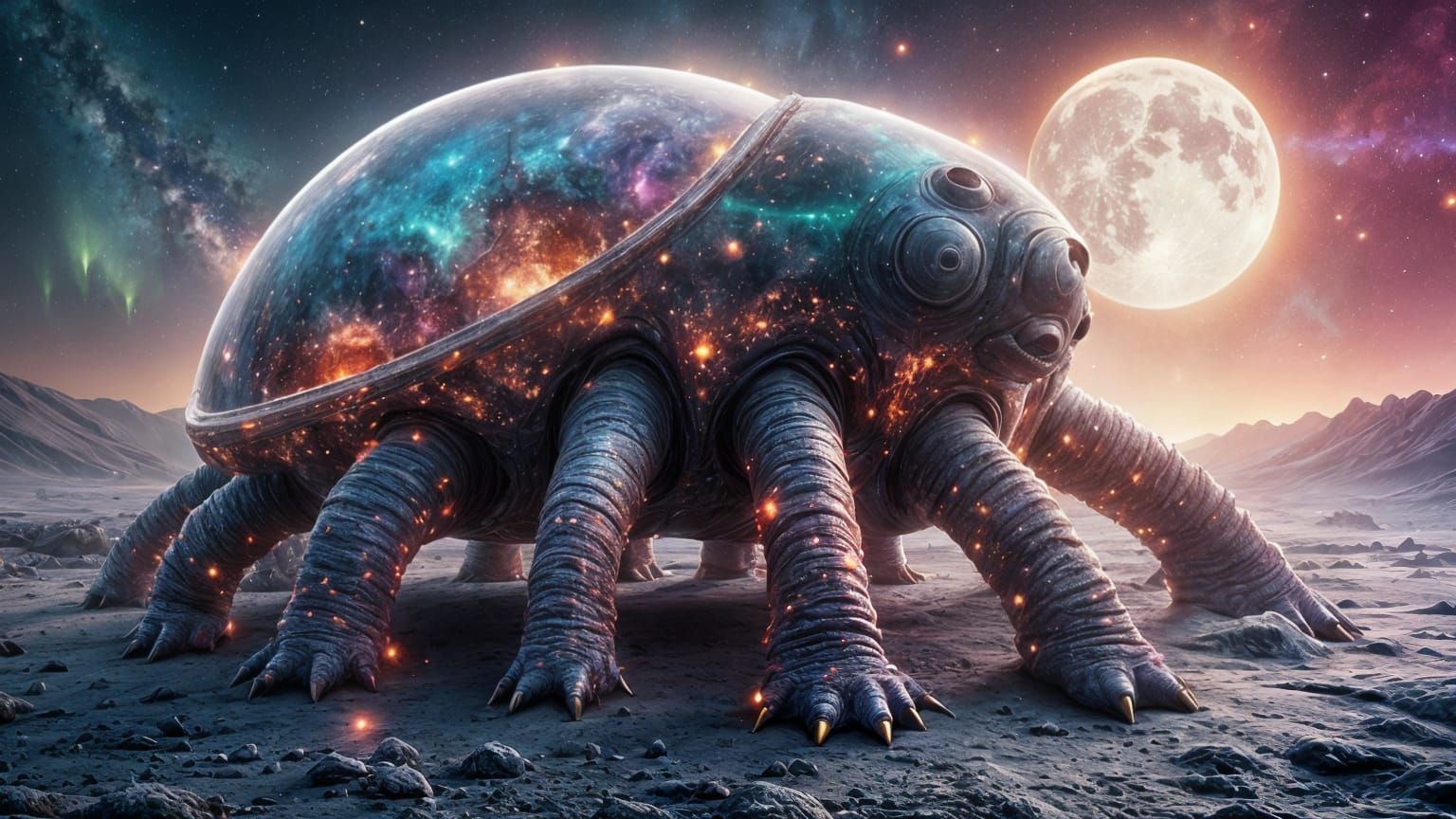 Hyperrealistic Tardigrade Merged with Cosmic Lunar Landscape