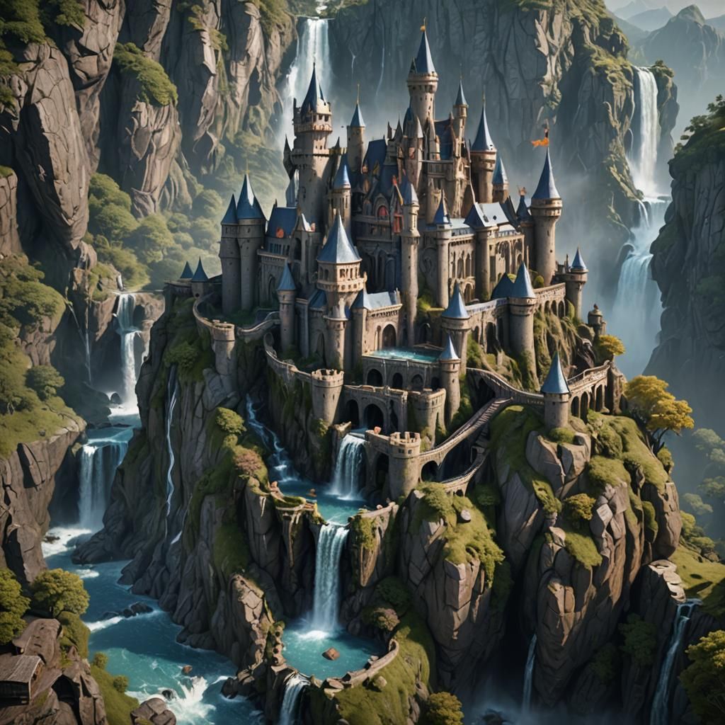 Fantasy Castle Built into Mountain with Waterfall